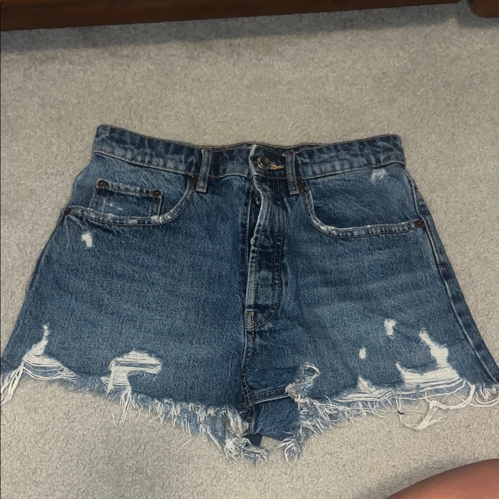 Distressed High-Waist Denim Shorts - Blue